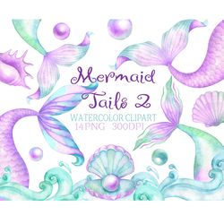 Watercolor Mermaid Tails Clipart Shells waves clip art