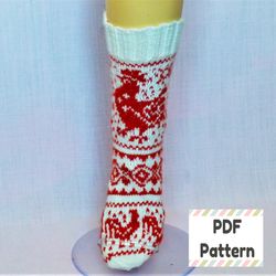 Rooster sock pattern, Fair isle sock knitting pattern, Bird sock pattern, Red and white knitting pattern, Colorwork