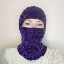 Plush balaclava crochet Purple balaclava hand knit Trendy balaclava for teens Fluffy balaclava face mask