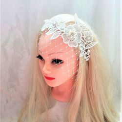 lace headband with veil, wedding hair accessories,  bridal veil headband with rhinestone, bridal headpiece with veil