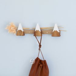 Wall Mount Mountain Childrens Hanger with Hooks for Clothes and Bags from Wood