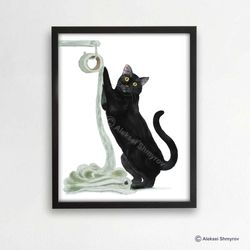 Bathroom Black Cat and Toilet paper, Cat Art Print, Cat Decor, Watercolor Painting, Bathroom Art, Cat Lover Gift