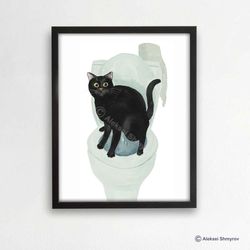 Bathroom Toilet Black Cat Art Print, Cat Decor, Watercolor Painting, Bathroom Art, Cat Lover Gift