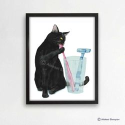Bathroom Black Cat Art Print, Cat Decor, Watercolor Painting, Bathroom Art, Cat Lover Gift
