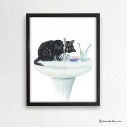 Bathroom Black Cat Art Print, Cat Decor, Watercolor Painting, Bathroom Art, Cat Lover Gift