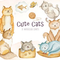 cute cats, watercolor hand drawn clipart
