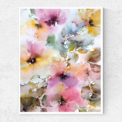Floral original painting Bright abstract flowers Bedroom wall art Watercolor floral art Living room wall decor