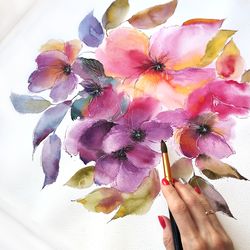 abstract floral wall art bright colorful bouquet watercolor painting original art living room decor bedroom wall art