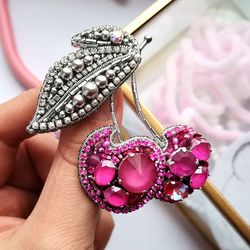 Pink cherry jewelry  brooch beaded, fruit jewelry, cherry pin
