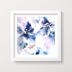 Blue wall art Abstract flowers Watercolor original painting Bedroom wall art  Expressionist art for living room decor