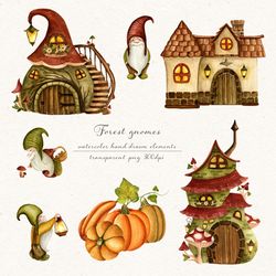cute forest gnomes, watercolor autumn fairy tale clipart