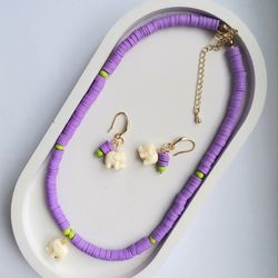 Violet necklace with elephant pendant,earrings with elephant, jewelry set