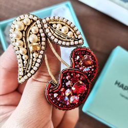Cherry jewelry  brooch beaded, fruit jewelry, cherry pin