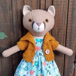 Beige puma girl, wool stuffed cougar, handmade plush doll