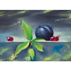 cherry painting original art fruit wall art plum painting still life artwork 12" by 16" by timpaintings