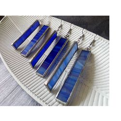 glass blue geometric earrings, simple stained glass, rectangle earrings, minimalist earrings, dangle minimalism earrings