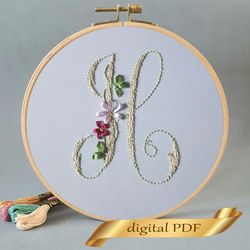 floral alphabet letter h pdf hand embroidery beginner flower monogram ribbon embroidery