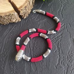 Red snake necklace, Snake choker, Ouroboros necklace, Totem necklace, Snake beadwork choker,  bead serpent necklace