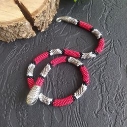 red snake necklace, snake choker, ouroboros necklace, totem necklace, snake beadwork choker,  bead serpent necklace