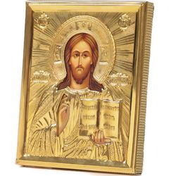 Russian icon: Christ Pantocrator on wood in BRASS riza ( 19th century Copy C