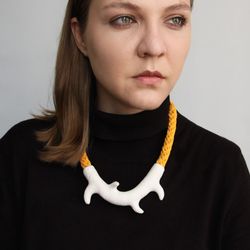 White branch necklace with yellow cord, Polymer clay and cotton contemporary jewelry, Statement necklace