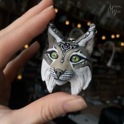 Cat necklace jewelry Fantasy Lynx trot bobcat wildcat pendant forest  gift magic witch totem animal polymer clay ooak