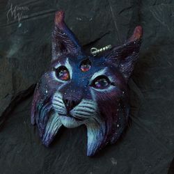 Cat necklace space galaxy big wildcat lynx bobcat wildcat sacred celestial cosmos trot lunar animal jewelry astronomy t
