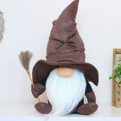 Gnome Harry Potter in the sorting hat ,Large Gnome Wizard in brown hat and broom , Halloween Gnome