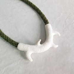 White branch necklace with green cord, Polymer clay and cotton contemporary jewelry, Statement necklace