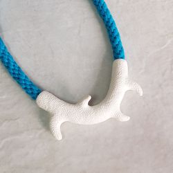White branch necklace with blue cord, Polymer clay and cotton contemporary jewelry, Statement necklace