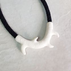 White branch necklace with black cord, Polymer clay and cotton contemporary jewelry, Statement necklace