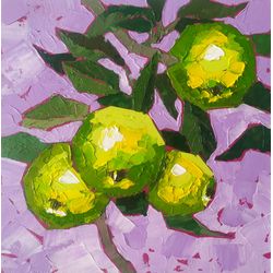Apple painting original art Green Yellow fruit small wall art purple artwork