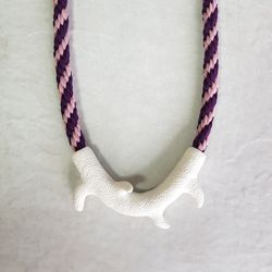 White branch necklace with pink and purple cord, Polymer clay and cotton contemporary jewelry, Statement necklace