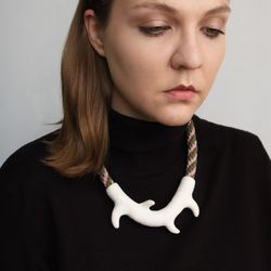 White branch necklace with pink and green cord, Polymer clay and cotton contemporary jewelry, Statement necklace