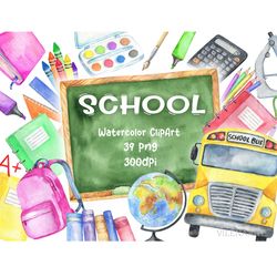 Watercolor School Clipart School Bus png school supplies clip art