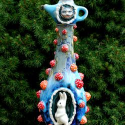 Ceramic bottle Decorative Tall vase Mushroom,rabbit,Cheshire Cat Wine decanter Jug with lid Bottle for oil, vinegar