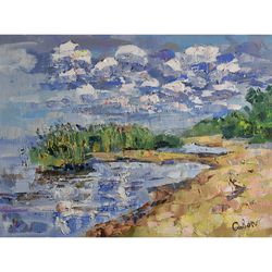 Lake Painting Clouds Original Artwork Landscape Ladoga Coast  Wall Art Impressionism Art