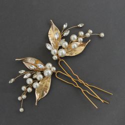 gold bridal hair pins set / gold leaves wedding hair piece / boho headpiece pearl / silver or gold /side hair pieces
