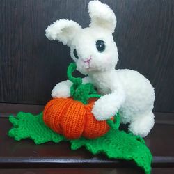 Soft plush bunny with pumpkin Halloween decor idea, small stuffed bunny girl gift