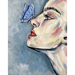 Woman Painting Portrait Original Art Female Face Oil Painting Butterfly Artwork 10x8 inches