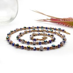 blue and bronze glass bead crochet necklace handmade, long macrame necklace, 3 wrap bracelet