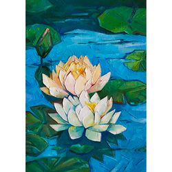 Water lily painting lotus original art floral oil impasto painting on canvas flower hand painted by AlyonArt