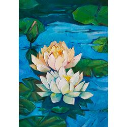water lily painting lotus original art floral oil impasto painting on canvas flower hand painted by alyonart