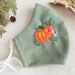 Linen pumpkin embroidered face mask