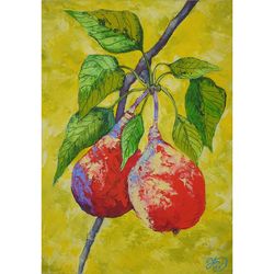 Pear Painting Fruit Original Art Food Wall Art Kitchen Artwork Small Oil Painting