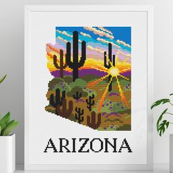 Silhouette Arizona cross stitch, US states, Desert and mountains cross stitch, Sunset cross stitch, Digital PDF