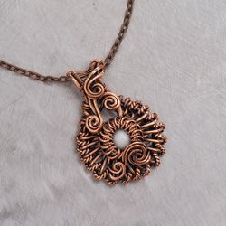 Wire wrapped cacholong pendant Small necklace for her Antique style copper jewelry 7th Anniversary gift Wire Wrap Art