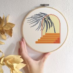 boho cross stitch pattern modern cross stitch pdf geometric xstitch palm leaf contemporary x-stitch stairs and arch