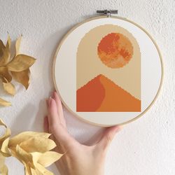 Boho cross stitch pattern Modern cross stitch PDF Abstract landscape xstitch Orange sun cross stitch