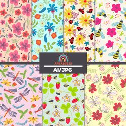 Seamless Pattern Wildflowers Insects